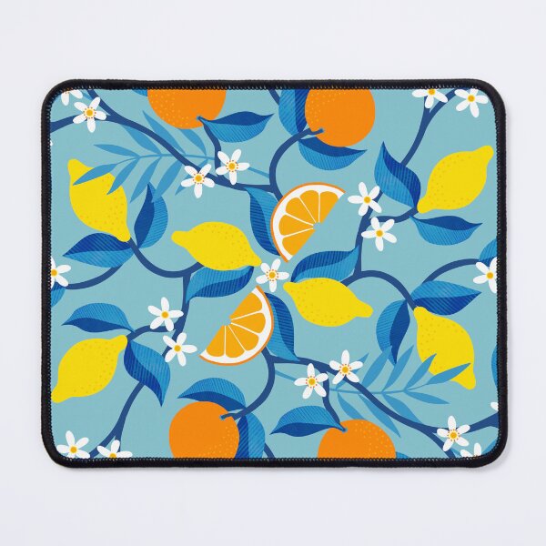 Item preview, Oranges and Lemons floral symmetry on blue - summer design with border by Cecca Designs designed and sold by Cecca-Designs.