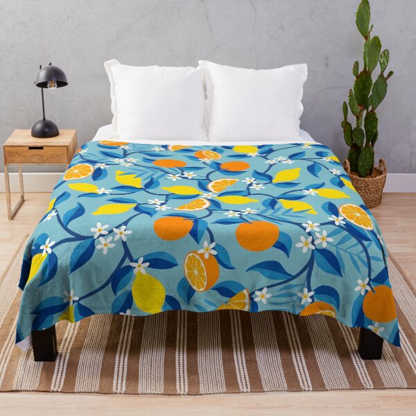Item preview, Oranges and Lemons floral symmetry on blue - summer design with border by Cecca Designs designed and sold by Cecca-Designs.