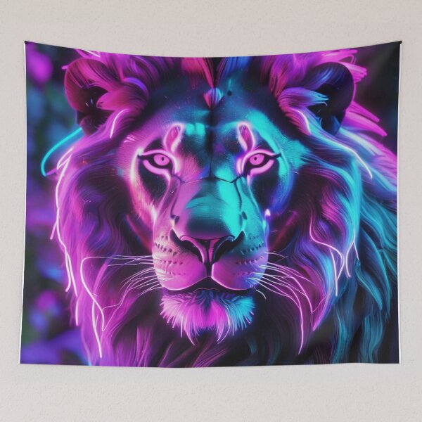 Aperçu de l'œuvre Tête de Lion Néon Crinière Lueur Violet Bleu créée et vendue par Lisa Pearlman.