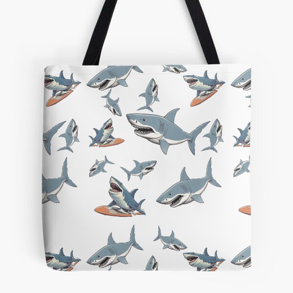 Item preview, Surf Sharks Pattern - Great White Sharks swimming and surfing designed and sold by SmileThreads.