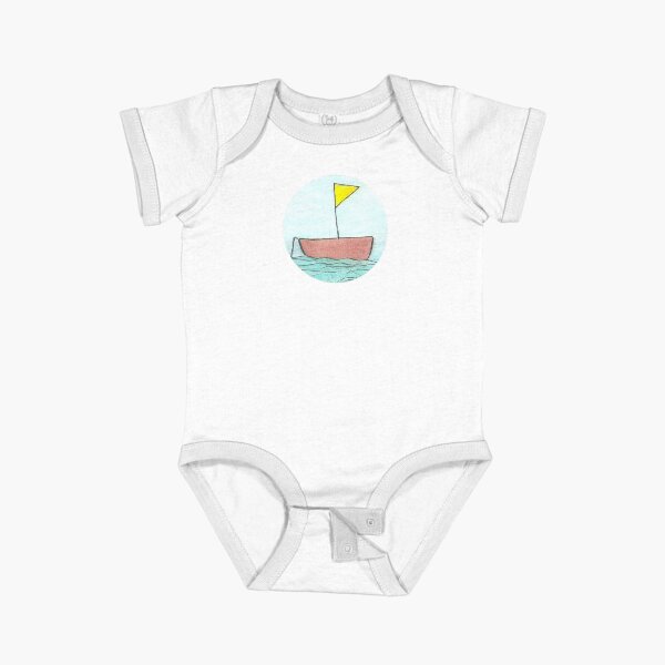 Little Brown Boat With A Cute Yellow Flag (circle design - kids) Short Sleeve Baby One-Piece
