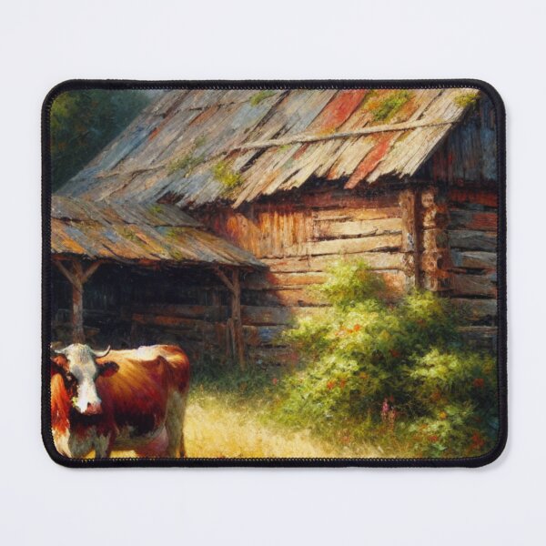 Item preview, Country Charm: Cow Standing by Vintage Barn Surrounded by Wildflowers designed and sold by mustardseed-410.