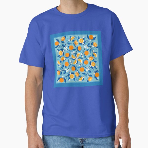 Oranges - floral symmetry on blue - summer design with border by Cecca Designs Classic T-Shirt