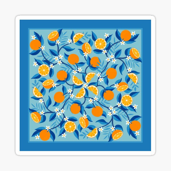Oranges - floral symmetry on blue - summer design with border by Cecca Designs Sticker
