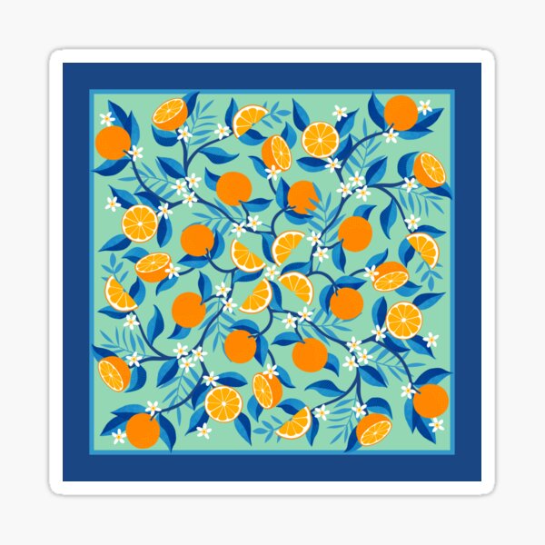 Oranges - floral symmetry on mint - summer design with border by Cecca Designs Sticker