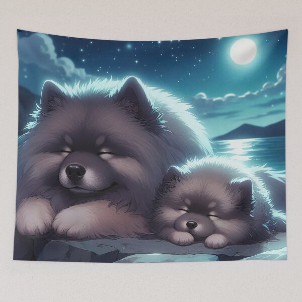 Item preview, Moonlit Keeshonds - Peaceful Night Scene with Adult and Puppy by Mountain Lake designed and sold by Woof-n-Wear.