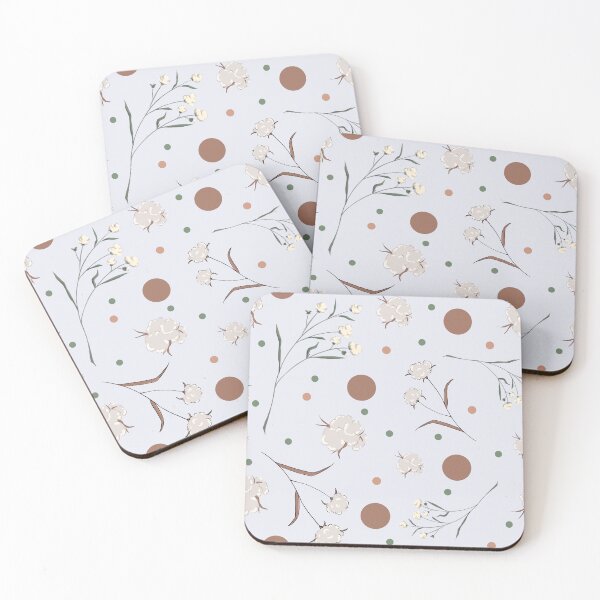 Item preview, Seamless pattern with twigs and cotton flowers and dots, color illustration designed and sold by Karyna Hordetska.