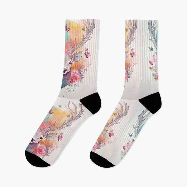 Artikelvorschau, Aquarell Hirsch in Blumen - schöner Wildblumengarten und Schmetterlinge entworfen und verkauft von navitalidesign.