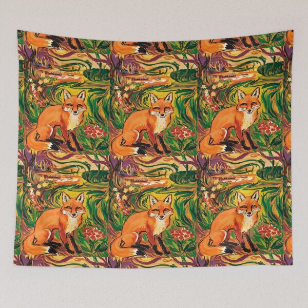 Item preview, Fox Portrait. Spring season, floral fox, vintage fox, fox painting, Edvard Munch style designed and sold by FoxVibes.