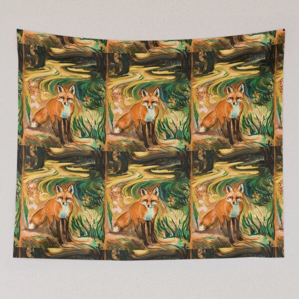 Item preview, Fox Portrait. Spring season, floral fox, vintage fox, fox painting, Edvard Munch style designed and sold by FoxVibes.