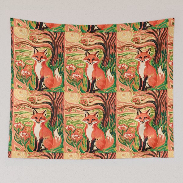 Item preview, Fox Portrait. Spring season, floral fox, vintage fox, fox painting, Edvard Munch style designed and sold by FoxVibes.