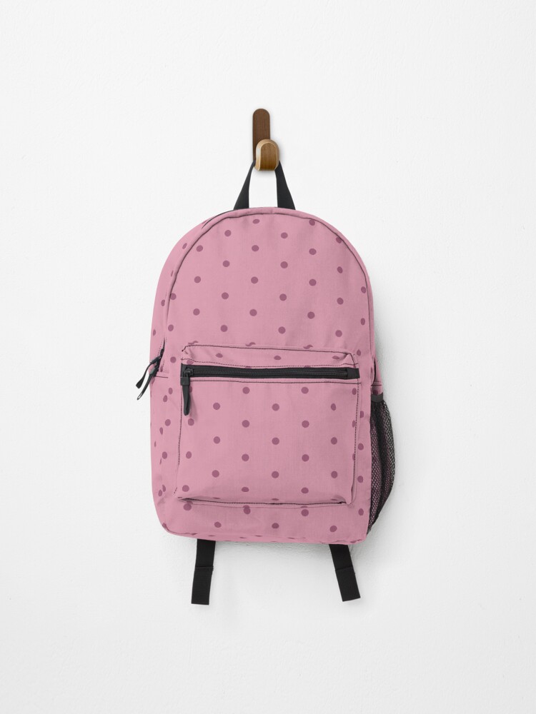 Backpack, Geometric Dusky Rose Red Violet Polka Dots On Sea Pink designed and sold by Triplicate Limited