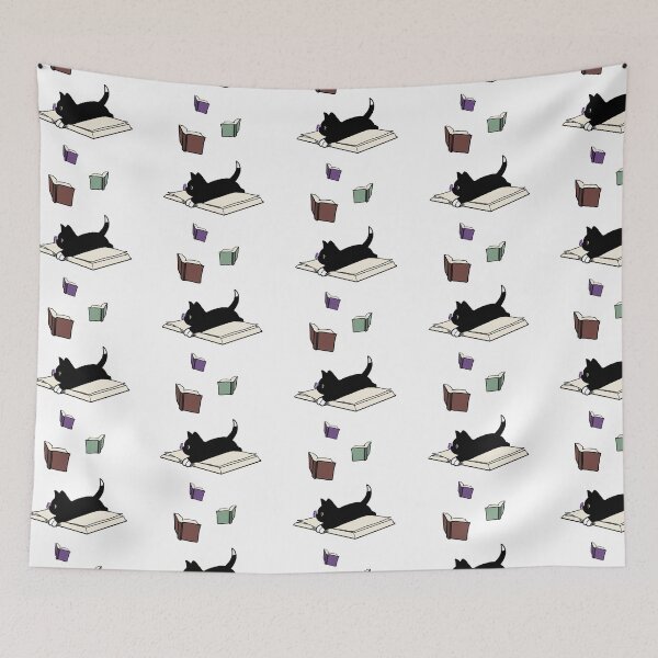 Item preview, Black & white cat on book with butterfly on nose and floating books above designed and sold by Articbee.