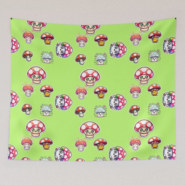 Item preview, KAWAII STYLE MUSHROOMS IN A PATTERN WITH GREEN BACKGROUND designed and sold by lunacoco81.