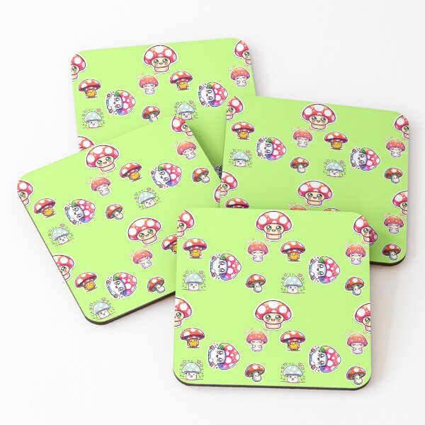 Item preview, KAWAII STYLE MUSHROOMS IN A PATTERN WITH GREEN BACKGROUND designed and sold by lunacoco81.