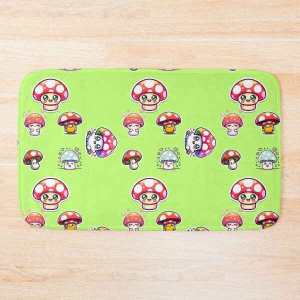 Item preview, KAWAII STYLE MUSHROOMS IN A PATTERN WITH GREEN BACKGROUND designed and sold by lunacoco81.