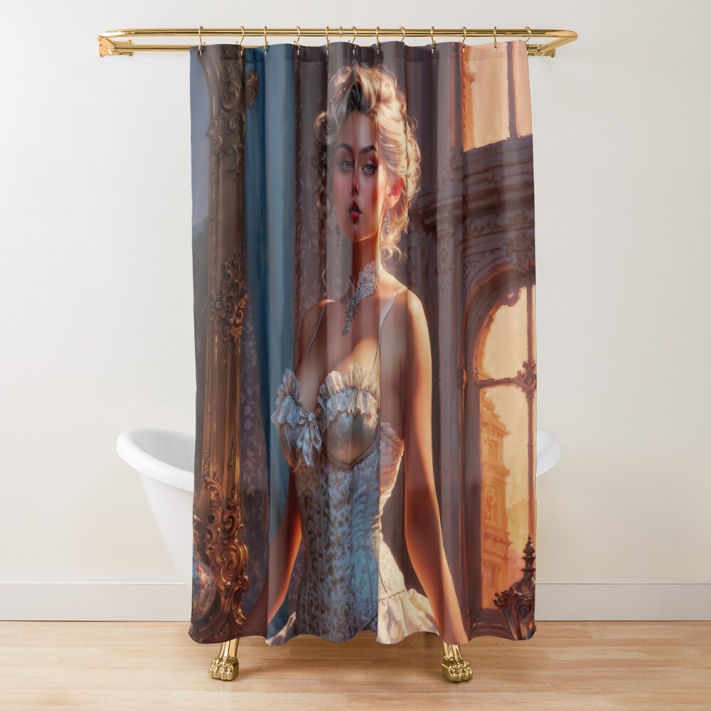 An Enchanting And Elegant Victorian Beauty In A Classic Corset AI Concept Art by Xzendor7 4 An Enchanting And Elegant Victorian Beauty In A Classic Corset Stunning AI Concept Art by Xzendor7 Decorative Art Print Shower Curtain