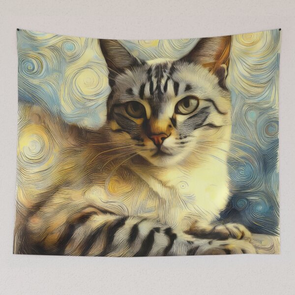 Item preview, Lynx Point Siamese cat portrait with Van Gogh background designed and sold by CattyCornerPOD.