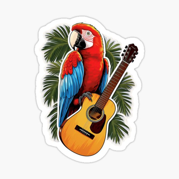 Aperçu de l'œuvre Autocollant hommage à Jimmy Buffett, Parrot à la guitare créée et vendue par BrinaandPops.