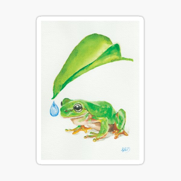 Item preview, Green Tree Frog Under Leaf Watercolor Painting Print designed and sold by harrifangs.