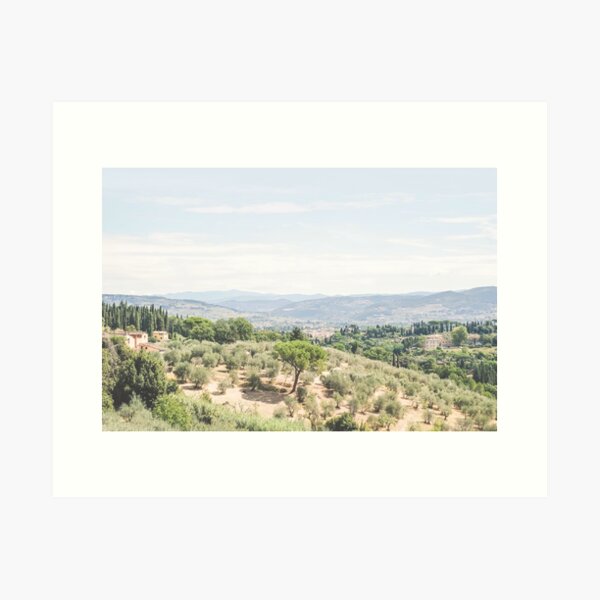 Item preview, Florence, Italy I Panoramic skyline view of nature and mountains in Tuscany countryside in fine art for la dolce vita in a nature landscape of retro vintage aesthetic in green pastel summer colors designed and sold by Julie Travel Photography.