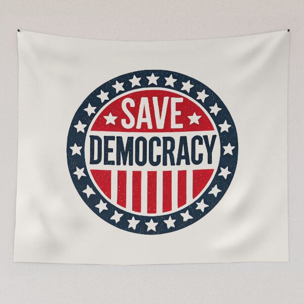 Item preview, Patriotic “Save Democracy” Badge Design in Red, White, and Blue designed and sold by Retro Travel Design.