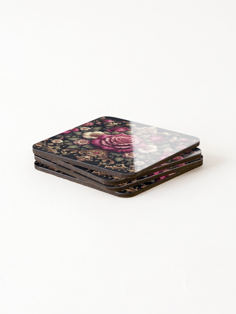 Thumbnail 4 of 5, Coasters (Set of 4), Midnight Fuchsia Rococo With Roses designed and sold by DesignsByPrnces.