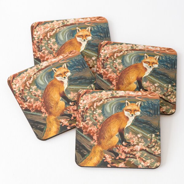 Aperçu de l'œuvre Portrait de renard. Fleur de cerisier, renard floral, renard vintage, peinture renard, style Edvard Munch créée et vendue par FoxVibes.