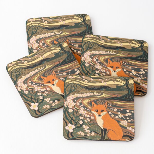 Aperçu de l'œuvre Portrait de renard. Fleur de cerisier, renard floral, renard vintage, peinture renard, style Edvard Munch créée et vendue par FoxVibes.