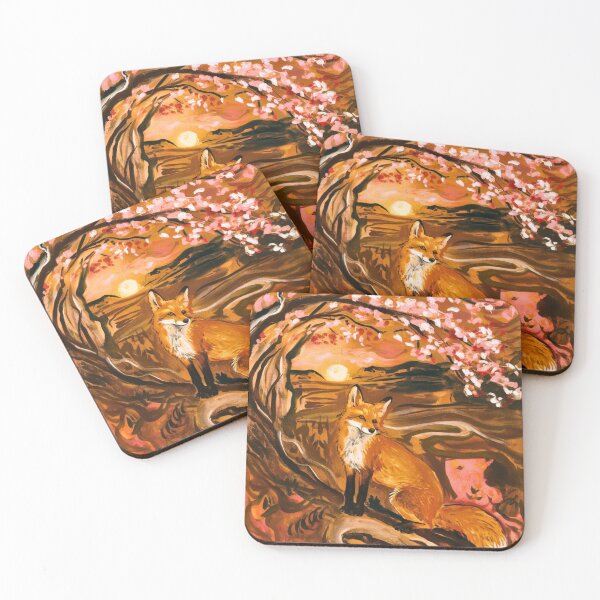 Aperçu de l'œuvre Portrait de renard. Fleur de cerisier, renard floral, renard vintage, peinture renard, style Edvard Munch créée et vendue par FoxVibes.