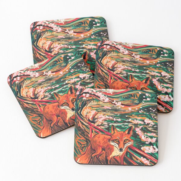 Aperçu de l'œuvre Portrait de renard. Fleur de cerisier, renard floral, renard vintage, peinture renard, style Edvard Munch créée et vendue par FoxVibes.