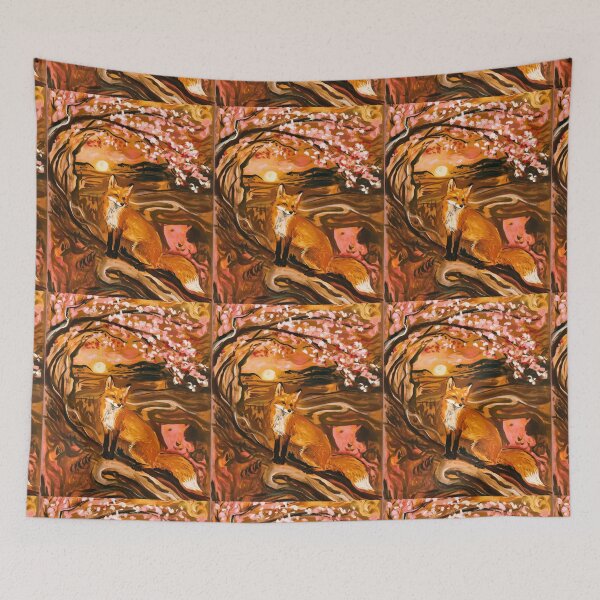 Item preview, Fox Portrait. Cherry blossom, floral fox, vintage fox, fox painting, Edvard Munch style designed and sold by FoxVibes.