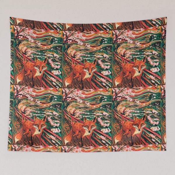 Item preview, Fox Portrait. Cherry blossom, floral fox, vintage fox, fox painting, Edvard Munch style designed and sold by FoxVibes.