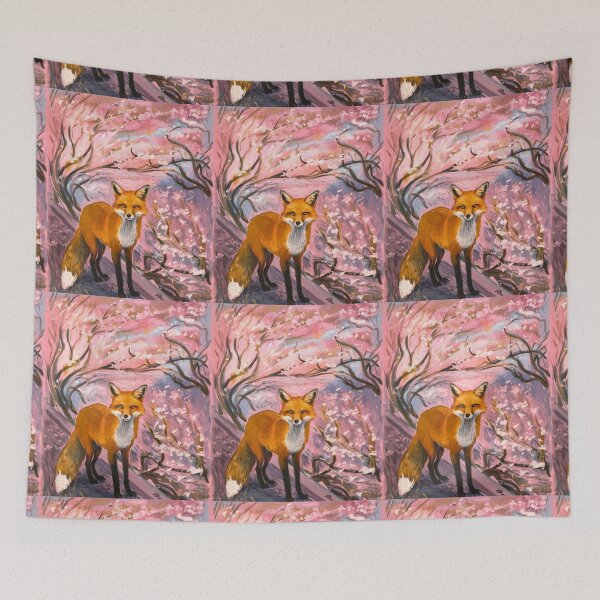 Item preview, Fox Portrait. Cherry blossom, floral fox, vintage fox, fox painting, Edvard Munch style designed and sold by FoxVibes.