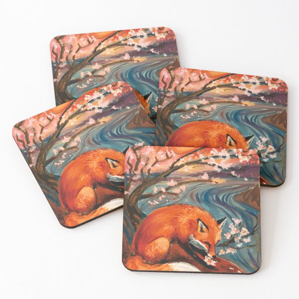 Aperçu de l'œuvre Portrait de renard. Fleur de cerisier, renard floral, renard vintage, peinture renard, style Edvard Munch créée et vendue par FoxVibes.