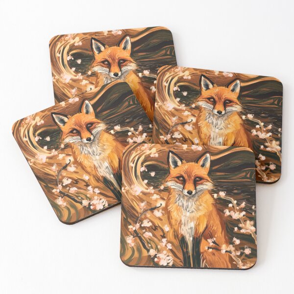 Aperçu de l'œuvre Portrait de renard. Fleur de cerisier, renard floral, renard vintage, peinture renard, style Edvard Munch créée et vendue par FoxVibes.