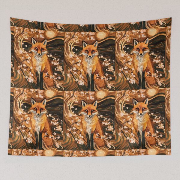 Item preview, Fox Portrait. Cherry blossom, floral fox, vintage fox, fox painting, Edvard Munch style designed and sold by FoxVibes.
