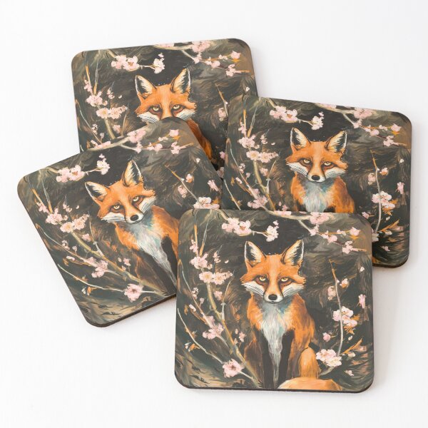 Aperçu de l'œuvre Portrait de renard. Fleur de cerisier, renard floral, renard vintage, peinture renard, style Edvard Munch créée et vendue par FoxVibes.