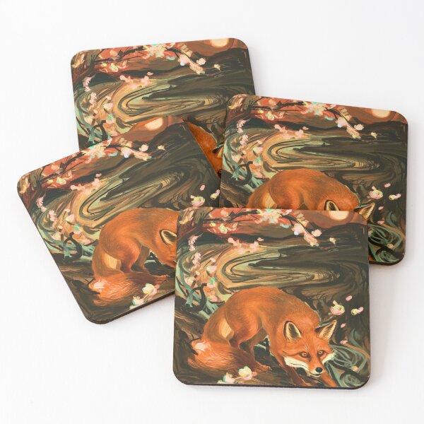 Aperçu de l'œuvre Portrait de renard. Fleur de cerisier, renard floral, renard vintage, peinture renard, style Edvard Munch créée et vendue par FoxVibes.
