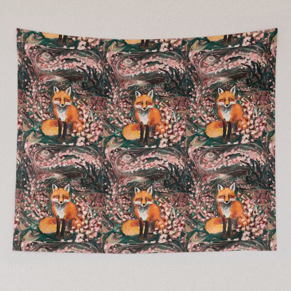 Item preview, Fox Portrait. Cherry blossom, floral fox, vintage fox, fox painting, Edvard Munch style designed and sold by FoxVibes.
