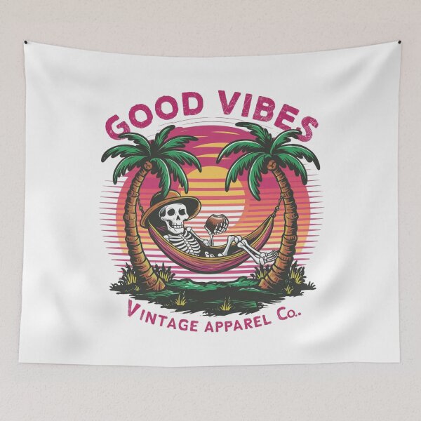 Item preview, Skeleton on a deckchair with the words good vibes designed and sold by MyNiceDesigns.