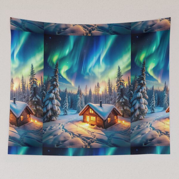 Item preview, Cozy Cabin Under Northern Lights in Snowy Forest designed and sold by Itsheartshop.