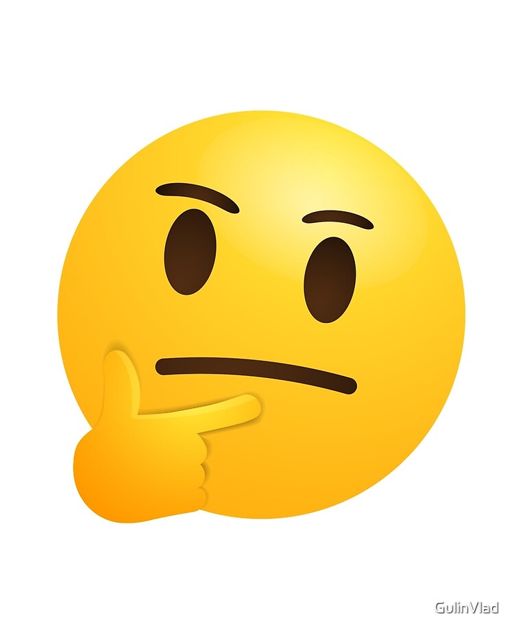 Thinking face emoji in modern style - emoticon face shown with a single  finger and thumb resting on the chin glancing upward on white background. 