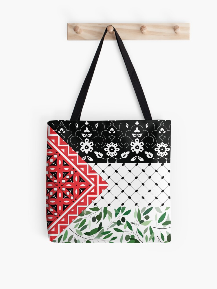 Thumbnail 1 of 2, Tote Bag, Palestinian Flag with Patterns of Olives and Keffiyeh designed and sold by Akikoart7.