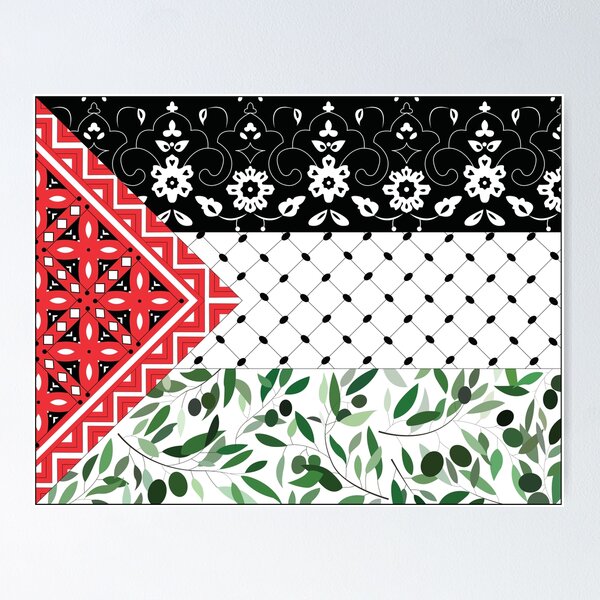 Vista previa del artículo con la obra «Bandera palestina con patrones de aceitunas y keffiyeh», diseñado y vendido por Akikoart7.