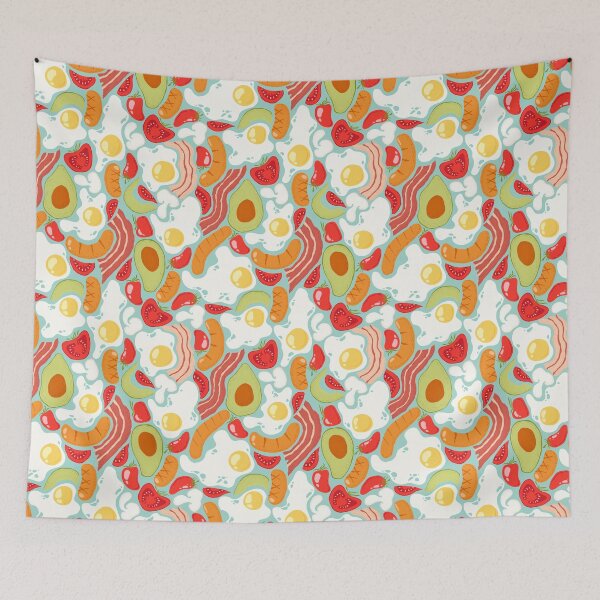 Item preview, Abstract fried eggs, bacon, sausages, tomatoes, avocados pattern designed and sold by DarianaArt.