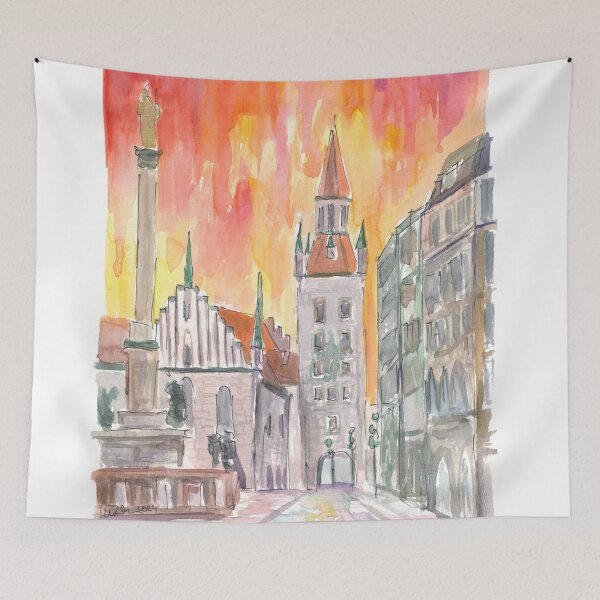 Item preview, Munich Marienplatz with Old City Hall and a Yellow Orange Sky designed and sold by artshop77.
