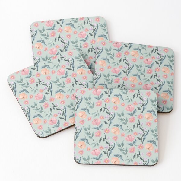 Item preview, Teal Textured gouache painterly florals in pink, peach, and purple, with lots of textured modern leaf branches in lovely pastel colors designed and sold by JasmineGDesigns.