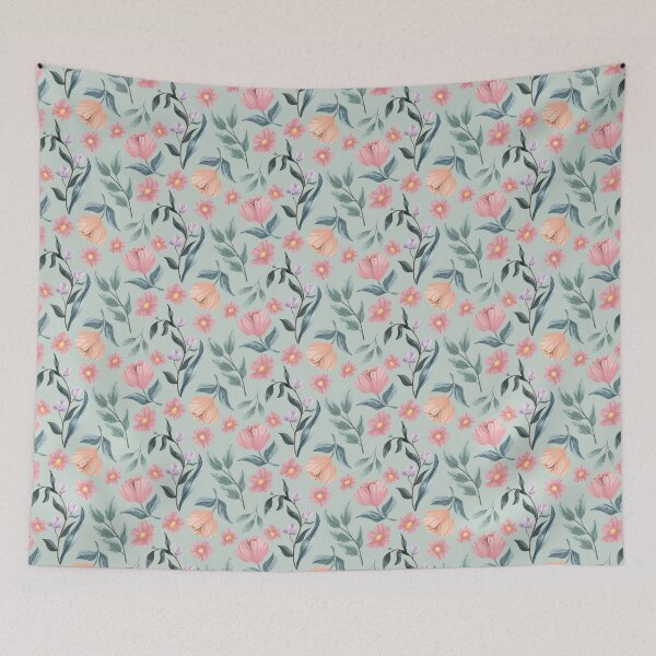 Item preview, Teal Textured gouache painterly florals in pink, peach, and purple, with lots of textured modern leaf branches in lovely pastel colors designed and sold by JasmineGDesigns.