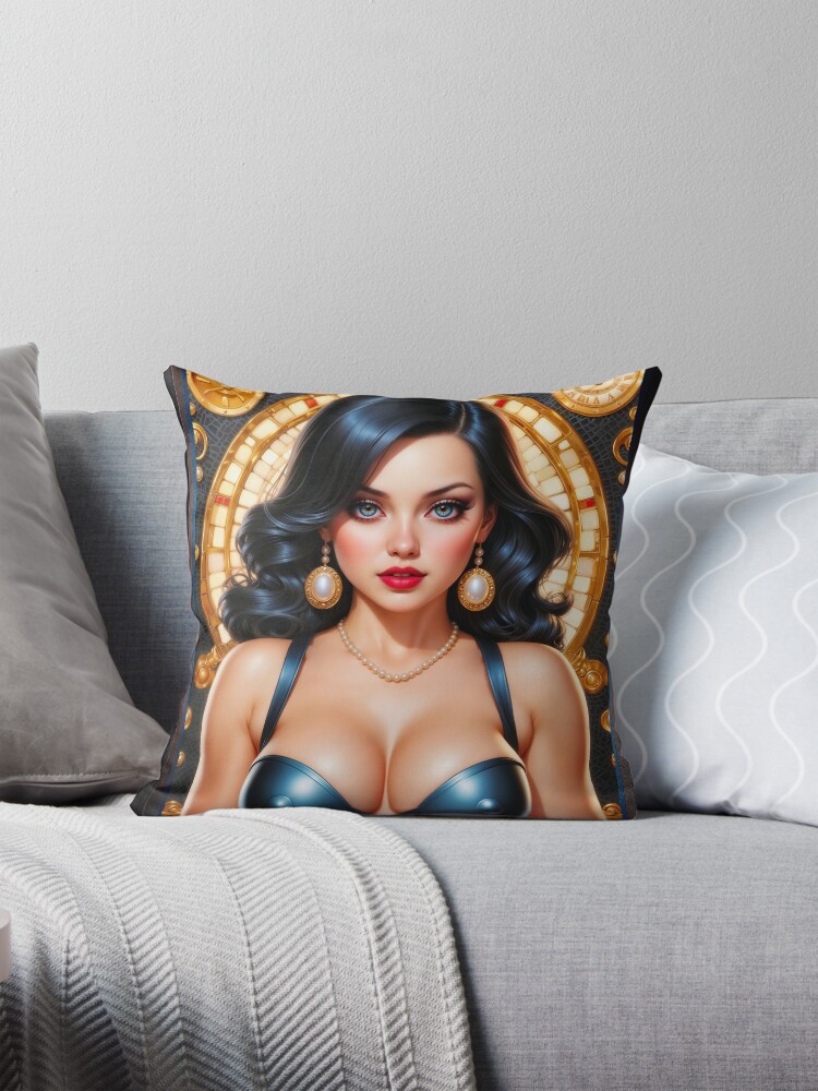 Classic Elegance Of An Enchanting Retro Fusion Pin Up Beauty Captivating AI Concept Art by Xzendor7 Decorative Art Print Throw Pillow